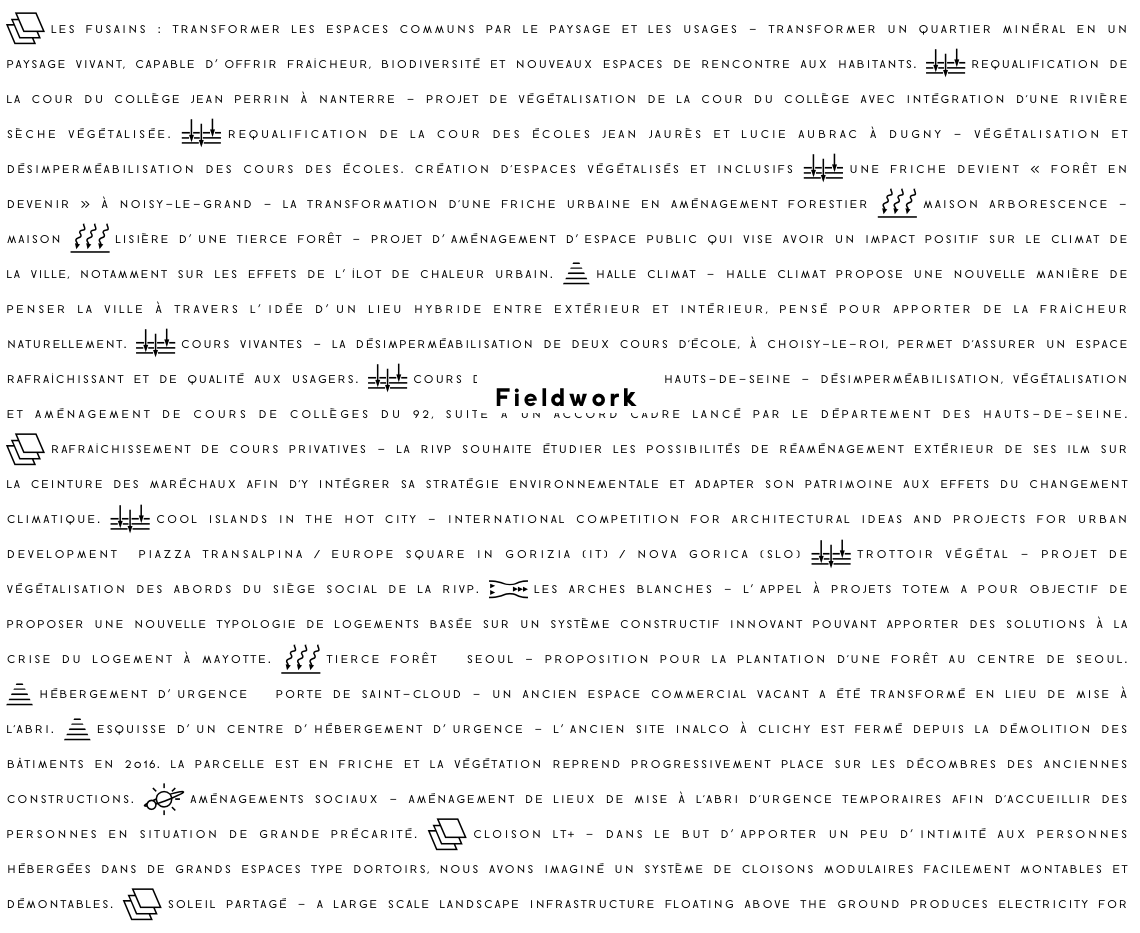 	Fieldwork, agence d’architecture,	design graphique, webdesign, conception éditoriale, identité visuelle, système graphique,	Studio de design graphique, Paris,	Agencements graphiques	